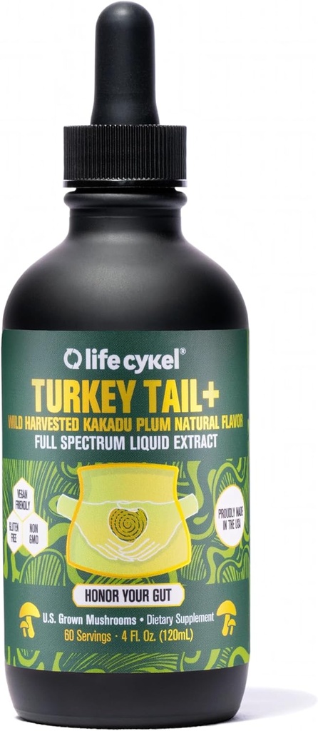Life Cykel - Turkey Tail Mushroom Liquid Extract with Kakadu Plant - Immune Support & Digestive Health Prebiyotik Supplement - Vegan, Non-GMO ve Gluten Free - 4 Fl Oz