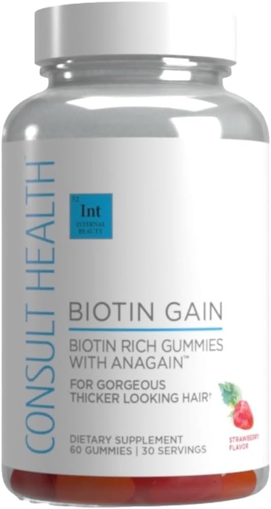 Συμβουλευτείτε την υγεία BIOTIN GAIN Gummies με ANAGAIN - Μείωση της απώλειας μαλλιών - κλινικά δοκιμαστεί - 10.000 mcg Βιοτίνη Βιταμίνη B7 για την υποστήριξη υγιή ανάπτυξη μαλλιών, το δέρμα και τα νύχια για γυναίκες και άνδρες - 60 Count