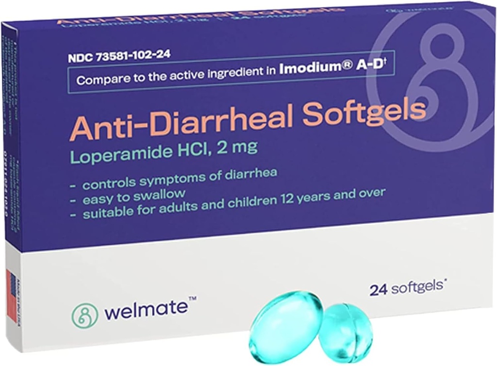 WELMATE - Anti-Diarrheal Softgels (24 Softgels) - Loperamid HCL 2 mg - Diarrhea Symptom Relief - Upset Stomach Reliever - Anti Diarrhea Pills - Over-Counter Drug