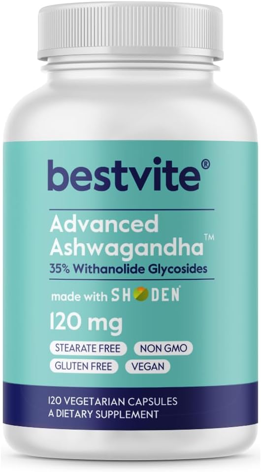 BESTVITE Advanced Ashwagandha 120mg w/Shoden (120 κάψουλες χορτοφαγικής) - Κλινικά Σπουδασμένη βιομηχανία που περιέχει μόλυβδο 35% Withanolide Glycosides - Όχι Stearates - Vegan - Μη ΓΤΟ - Χωρίς γλουτένη