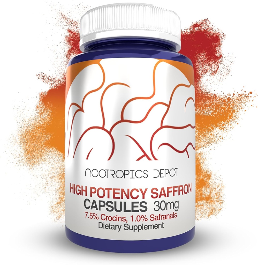 Nootropics Depot High Potency Saffron Extract Capsules | 30mg | Minimum% 7.5 Crocins ve% 1 Safranals | Crocus sativus | 180 ct