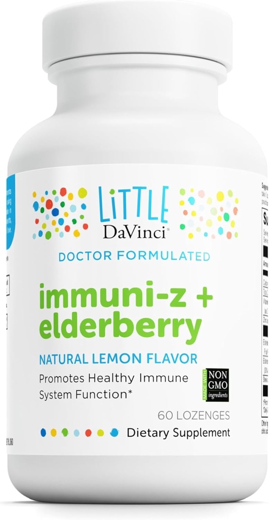 DAVINCI Little Immuni-z + Elder - Çocuklar çinko Lozenge Immune Health, Sağlıklı Lungs ve Throat Tcon* - Vitamin D3, çinko, Elder ve More - Lemon Flavor - 60 Lozenges
