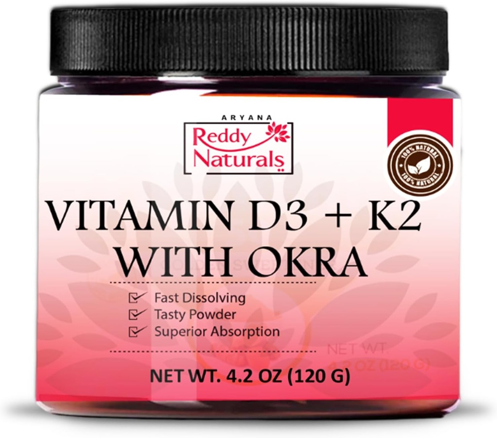 Okra ile Reddy Naturals Vitamin D3 K2 Toz - Plant-Based, Fast-Dis, Natural Flavors, Non-GMO- Daily Wellness Formula - 4.2 OZ (120g)