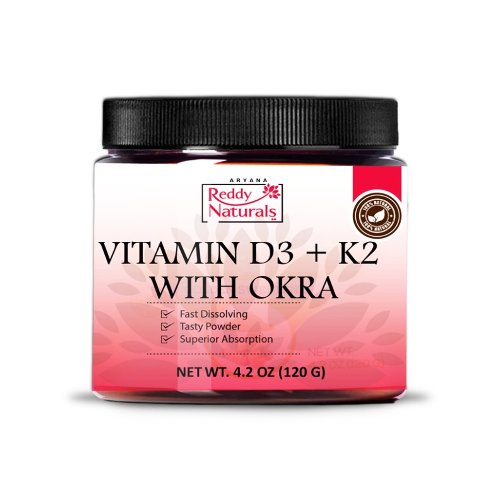 Reddy Naturals Vitamin D3 K2 Powder with Okra - Plant-Based, Fast-Dissolving with Natural Flavors, Non-GMO- Daily Wellness Formula - 4.2 OZ (120g)
