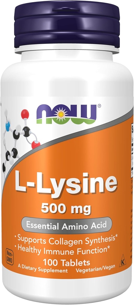 NOW Συμπληρώματα τροφίμων, L-Lysine (L-Lysine Hydrochloride) 500 mg, Amino Acid, 100 Count (Pack of 1)