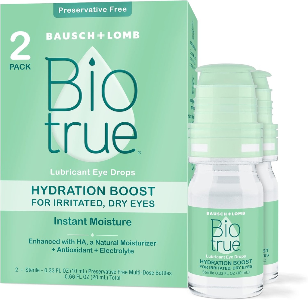 Biotrue Ενυδάτωση, συντηρητικά-ελεύθερος Οφθαλμικές σταγόνες για ξηροφθαλμία, άμεσα Ενυδατώνει, Ενυδατώνει, Επαφή Φακός Φιλικός, Αναζωογονητικός & Ανακουφιστικός Ερεθισμός ματιών, 0.33 FL Oz (πακέτο του 2)