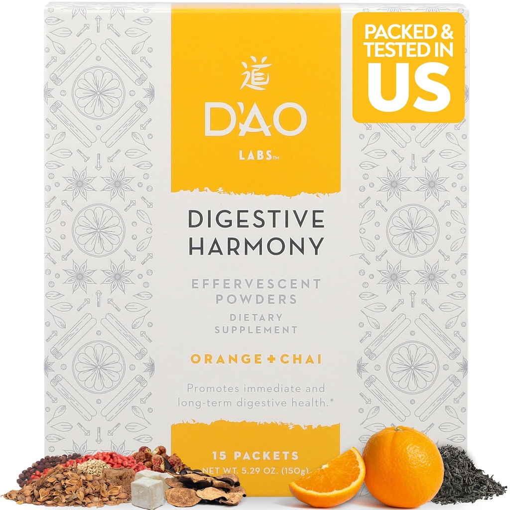 D'AO Labs Digestive Harmony - Organik Digestive Enzymes - Geleneksel Çin Herbs & Chai Toz - Orange-Chai Flavor - Korumalı Dekoksiyon (Bao He Wan) - 15 Bireysel Hizmetler