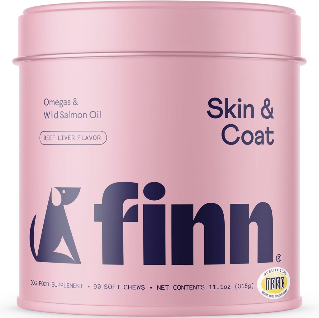 Finn Skin & Coat Salmon Oil Supplement for Dogs | Supports Achar & Shiny Coat | Wild Alaskan Salmon, Omega-3s, EPA & DHA, Biotin, & Çinko | 90 Soft Chews