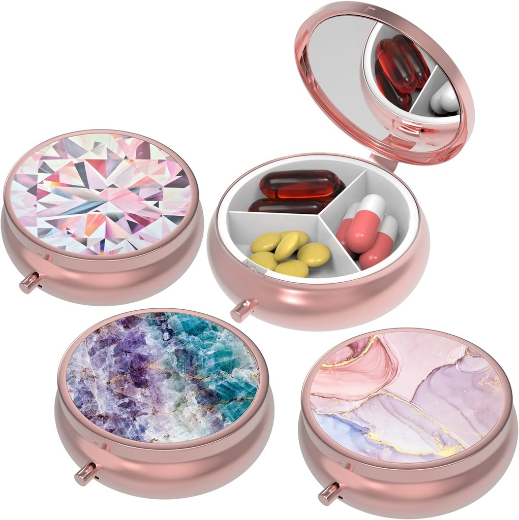 Küçük Pill Box,Pill Case for Purse&Pocket,3 Karşılaştırma Seyahat Pill Vaka İlaçları Vitaminler, Pills, Fish Oil ve Earrings, Studs,Rose Gold-3Round