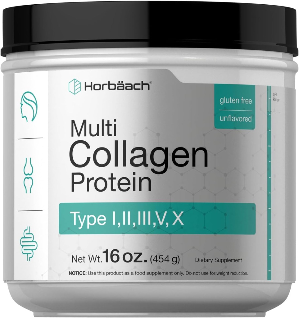 Horbäach Multi Collagen Protein Toz 16 oz | Tip I, II, III, V, X | Unflavored | for Men and Women | Non-GMO, Gluten Free Supplement