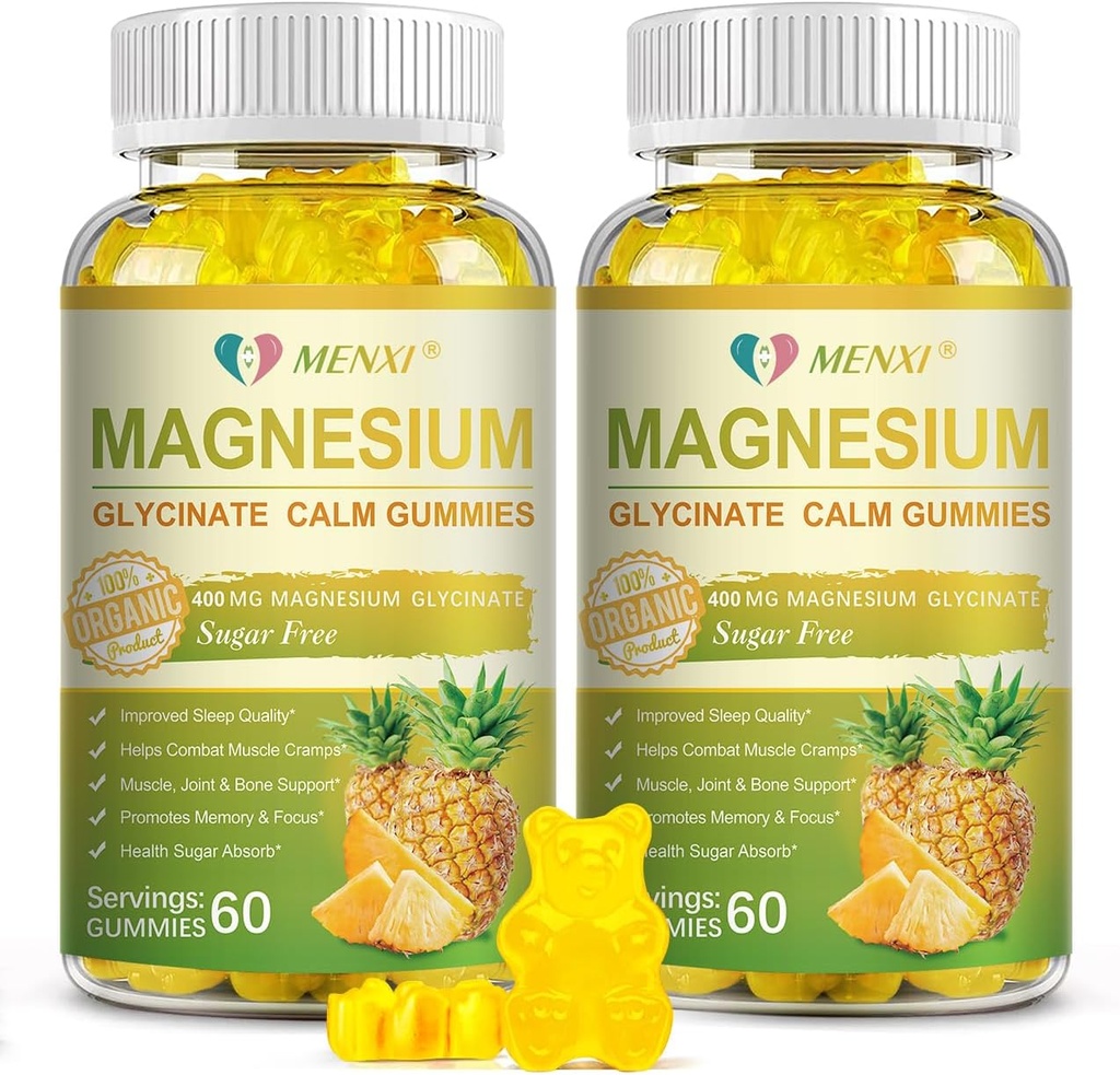Magnesium Glycinate Gummies 400mg, Sugar Free Magnesium Taurate,Magnesium Malate Supplement with Vitamin D, B6, CoQ10 for Relaxation, Stress Relief, Muscle, Bone & Sleep Support-120 Pineapple Gummies