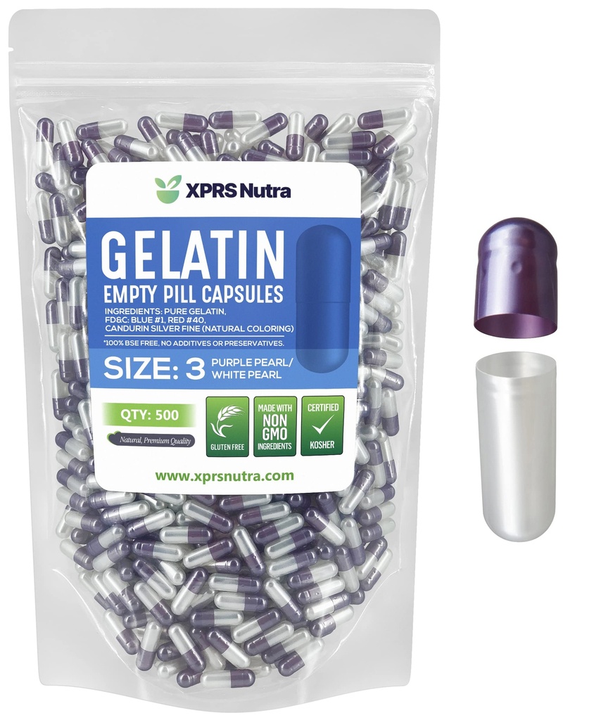 XPRS Nutra Boyutu 3 Boş Kapsüller - 500 Kont Boş Gelatin Capsules - Pills DIY Capsule - Pure Bovine Pill Gel Caps Fillable Do-It- Yourself Vitamins and Supplements (Pearl Mor/White)