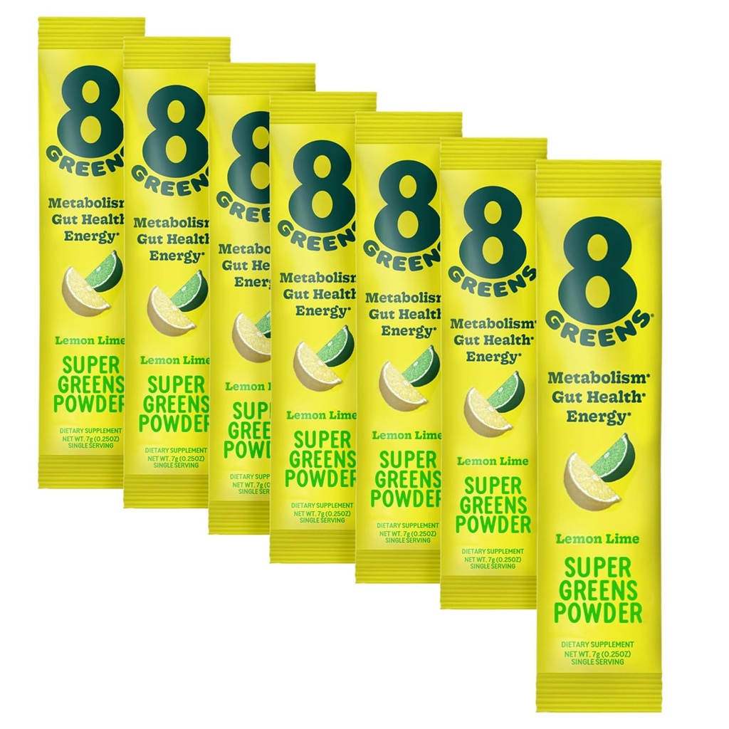 8Greens Super Greens Toz | Prebiyotik & Probiyotik Mix Superfoods for Gut Health, Metabolism, Debloating, Fiber, Digestive Enzymes, Organik: Spirulina, Chlorella, Lemon Lime, 7 Servisler
