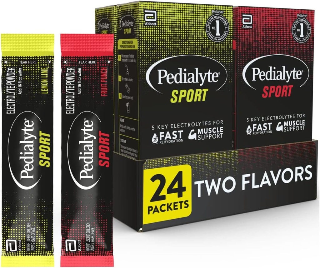 Pedialyte Sport Electrolyte Toz, Kas Desteği için 5 Key Electrolytes for Muscle Support before, During, & After Egzersiz, 12 Lemon Lime & 12 Meyve Zehiri, 0.49-oz Packets (24)