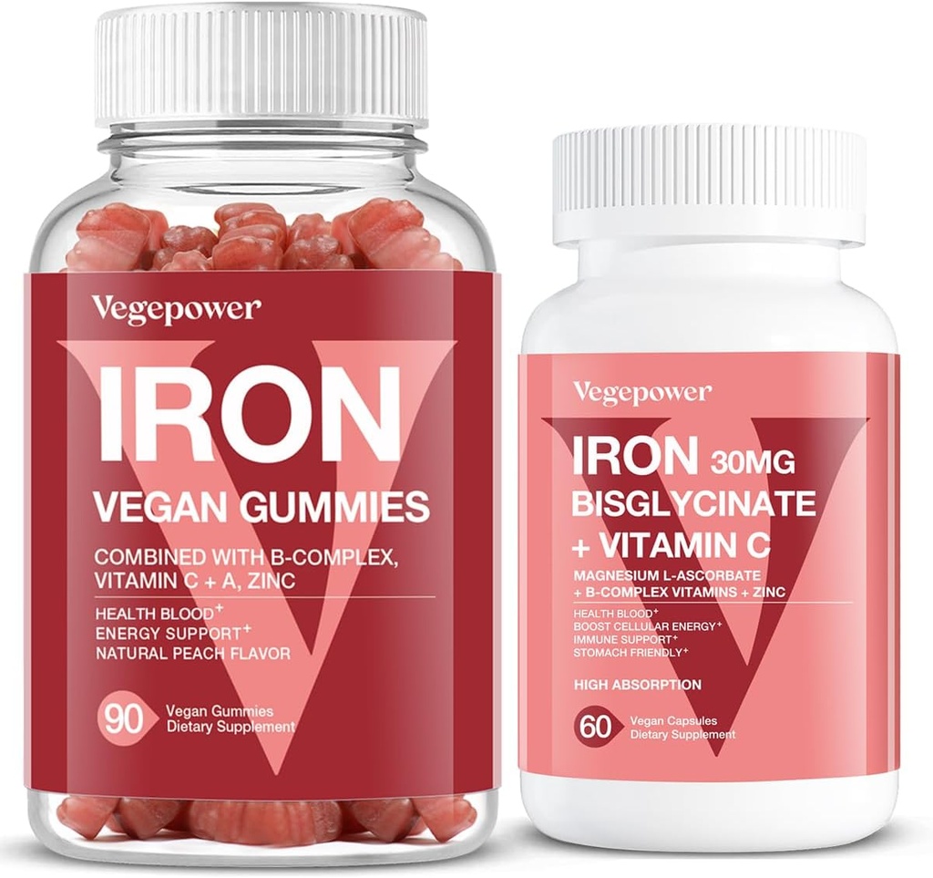 Vegan Demir Gummies + Iron Bisglycinate 30MG | Vegan Demir Supplement Destek Yetişkinler ve Çocuklar için Kan Sağlıklı ve Günlük Enerji - 90 Kont+60 Kont+60 Kont+