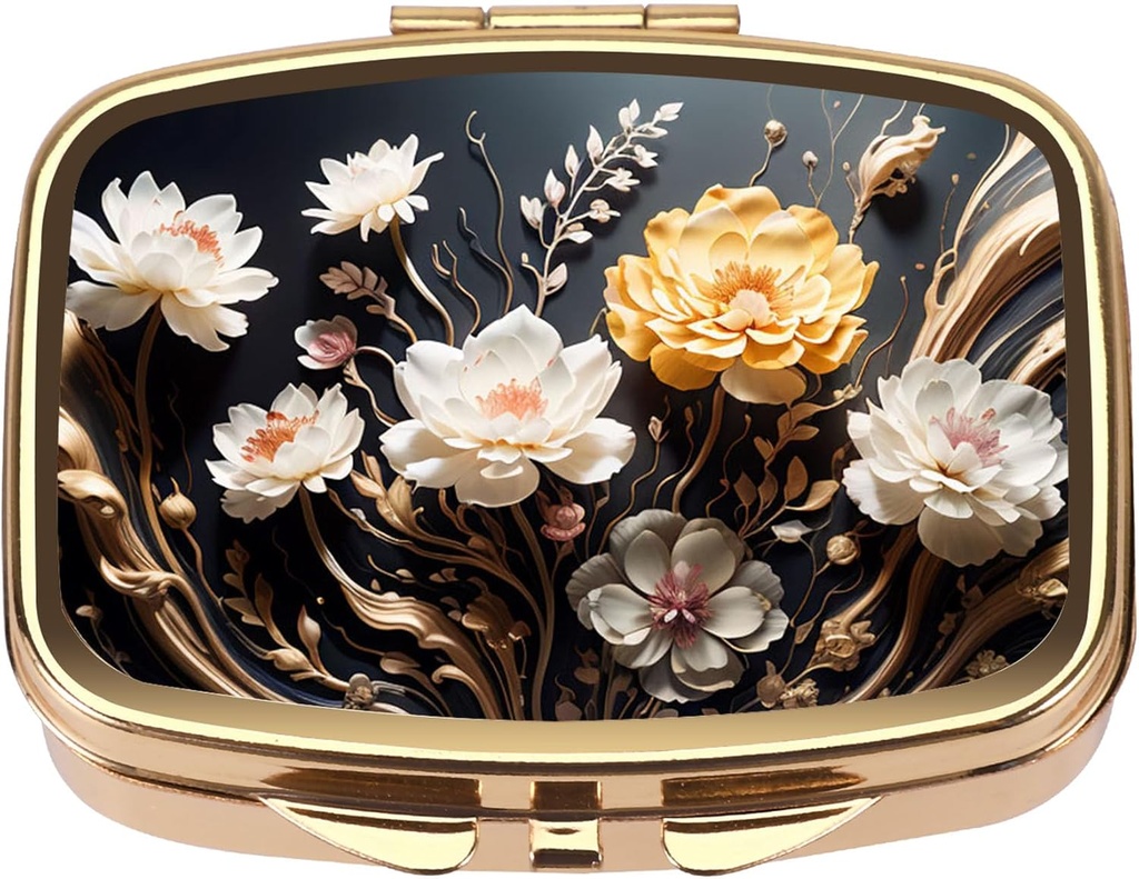 Dynippy Pill Case Pill Box with Mirror Retro Pocket 2 Karşılaştırmalı Tıp Davası Pill Organizer for Pocket Purse and Travel (Gold- Flower 1)