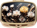Dynippy Pill Case Pill Box with Mirror Retro Pocket 2 Karşılaştırmalı Tıp Davası Pill Organizer for Pocket Purse and Travel (Gold- Flower 1)