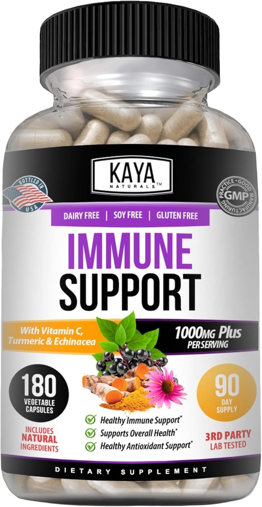 Kaya Naturals Elderberry Immune Support with Bora and Vitamin C for Yetişkinler, Probiyotiks & Turmeric 1000 mg Immune System ATM Sambucus Elder Capsules - 180 Count Count Count