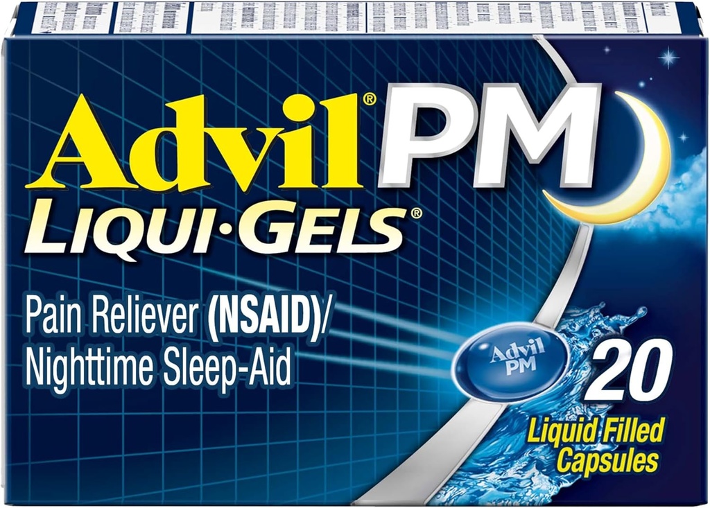 Advil PM Liqui-Gels Pain Reliever ve Nighttime Sleep Aid, Ağrı Yardımı için Ibuprofen for Pain Relief and Diphenhydramine HCL for a Sleep Aid - 20 Liquid Filled Capsules - Back to College