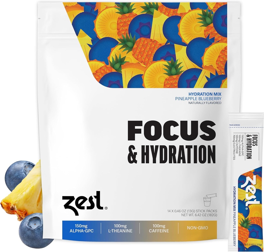 Zest Focus & Verimlilik Enerji İçilir - Pineapple Blueberry Clean Energy Toz Paketleri 100 mg Caffeine, L-Theanine & 150 mg Alpha GPC Nootropics - Low Sugar Electrolytes for Memory - 14 Sticks