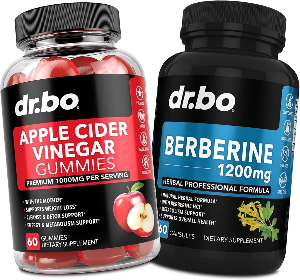 DR. BO ACV Gummies & Berberine Συμπληρώματα κάψουλες - 1000MG Apple Cider Vinegar Gummies & Berberine HCL 1200mg Χάπια για την πέψη, την υγεία των ούρων και το μεταβολισμό