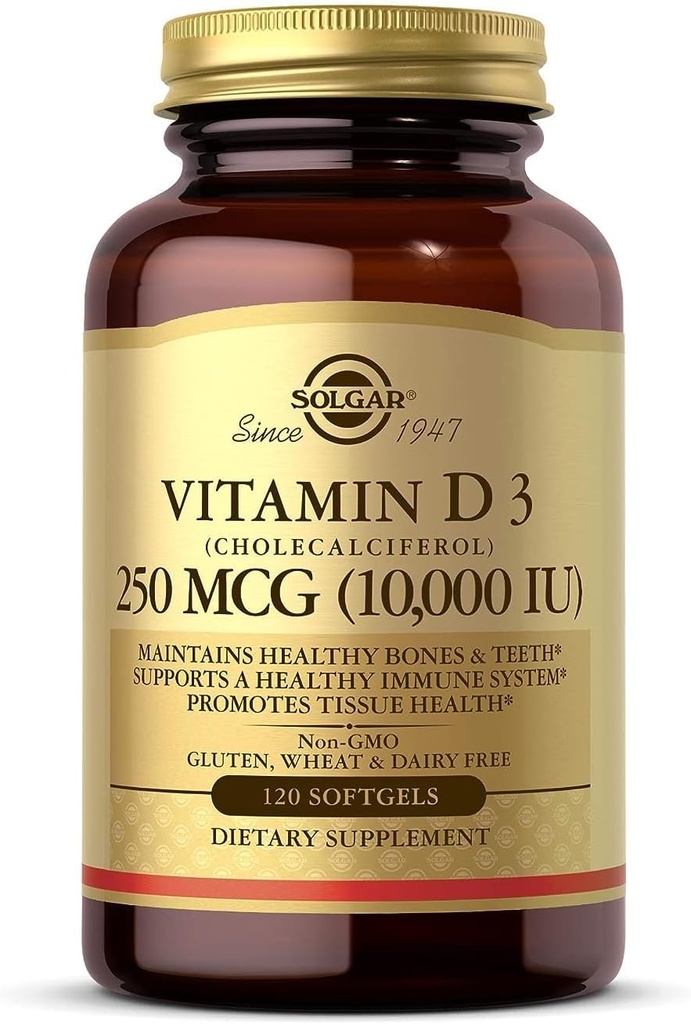 Solgar Vitamin D3 (Cholecalciferol) 250 MCG (10.000 IU), 120 Softgels - Βοηθά στη διατήρηση των υγιών οστών & δοντιών - Υποστήριξη ανοσοποιητικού συστήματος - Μη ΓΤΟ, Γλουτένη / Γαλακτοκομικά Χωρίς - 120 Μερίδες