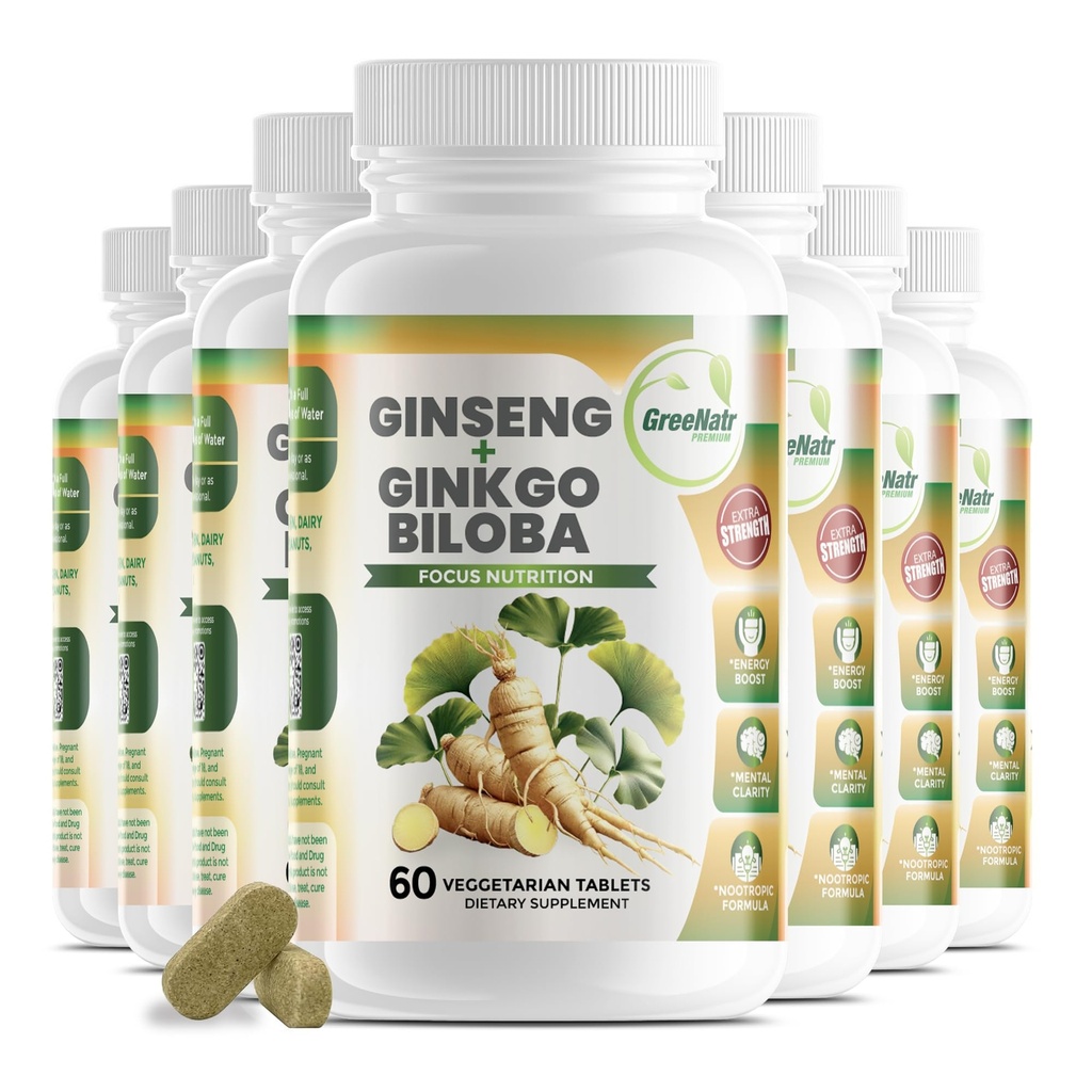 GreeNatr Ginko Biloba & Panax Reality Supplement - Red BTC Beyin Supplement for Memory and Focus - Ginkgo Biloba Supplements for Good Vision, Immune System and Improv Blood Flow - 12 Şişes
