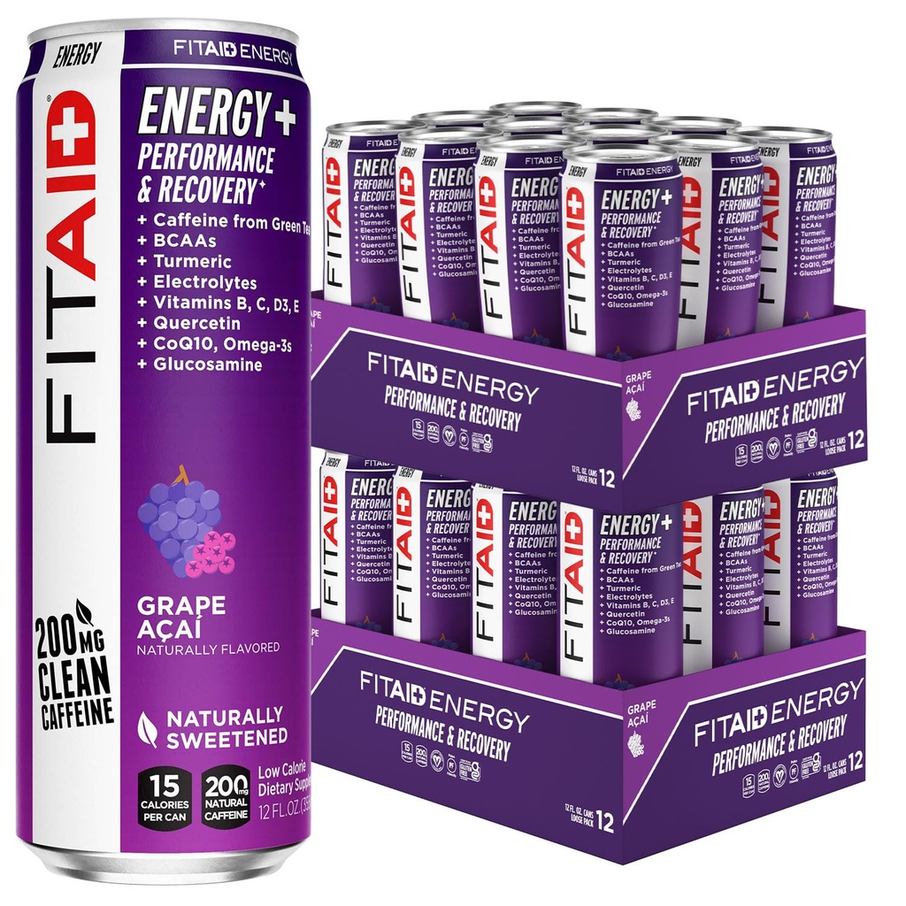 LIFEAID FITAID Energy Grape AÇAI, 200mg Natural Caffeine, Keto, Pre-Workout Performance: BCAAs, Quercetin, Electrolytes, Omega-3s, 15 θερμίδες, Παλαιό, Vegan & Gluten-Free, 12-oz (Pack of 24)