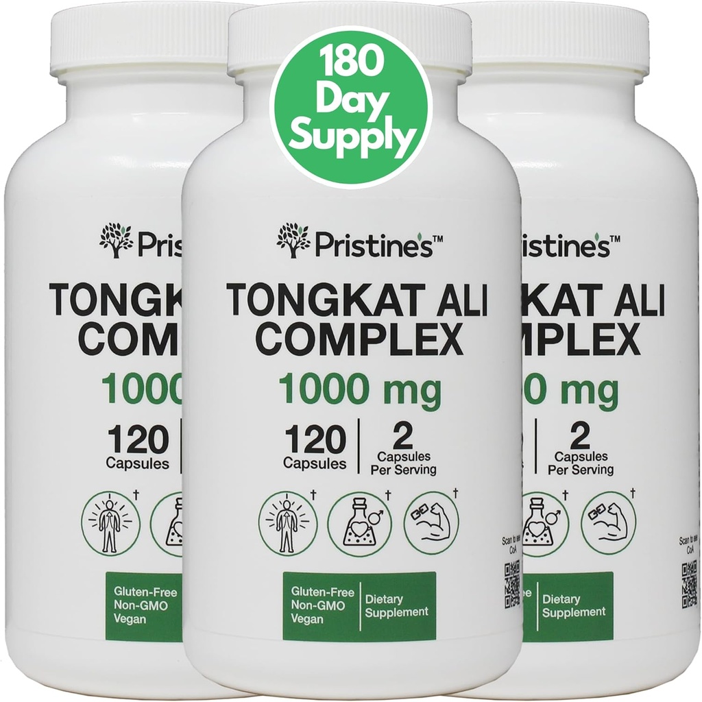PRISTINE'S Tongkat Ali 1000mg 180 Ημέρα προσφοράς (3 Pack) - Αθλητική Απόδοση Υποστήριξη - Lean Mass Μυϊκό Κτίριο συμπλήρωμα βοτάνων για άνδρες & γυναίκες - Vegan, Χωρίς γλουτένη, Μη ΓΤΟ