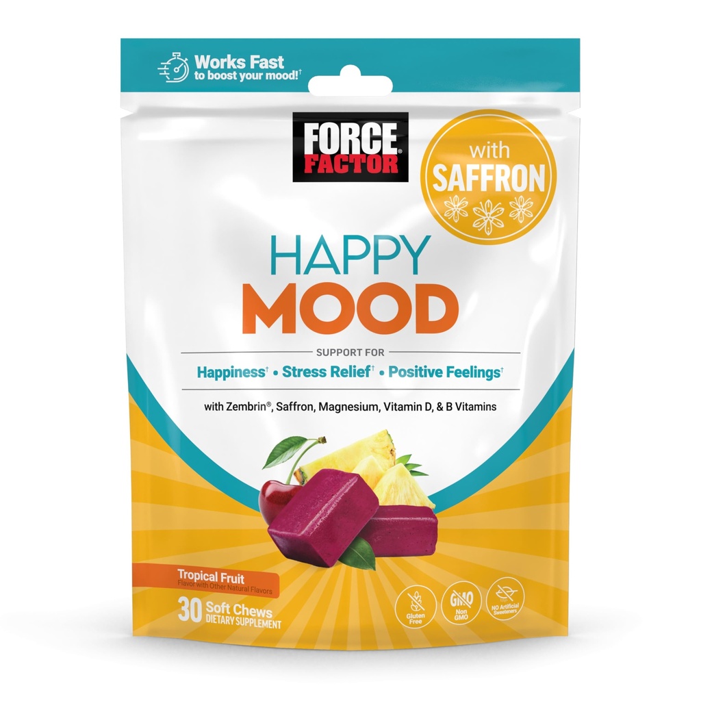 FORCE FACTOR Happy Mood, Mood Support and Mood Balance Supplement to Support happiness, Positivity ve Stres, Magnezyum, Saffron, Zembrin, Non-GMO, Tropikal Meyve Flavor, 30 Soft Chews
