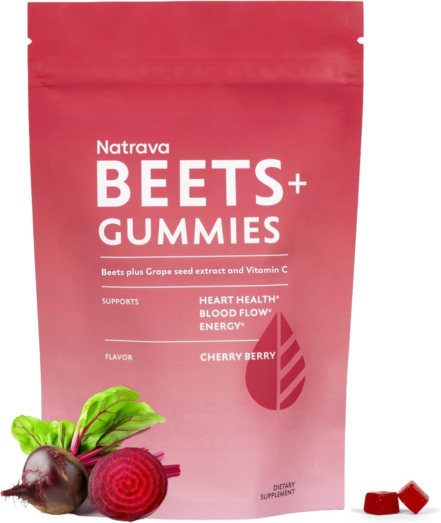 Beets+ Gummies - Premium Beet Root Powder, Grape Seed Extract and Vitamin C - Supports Healthy Blood Pressure and Heart Health - Low Sugar Nitric Oxide and Circulation Supplement - 50 Gummies