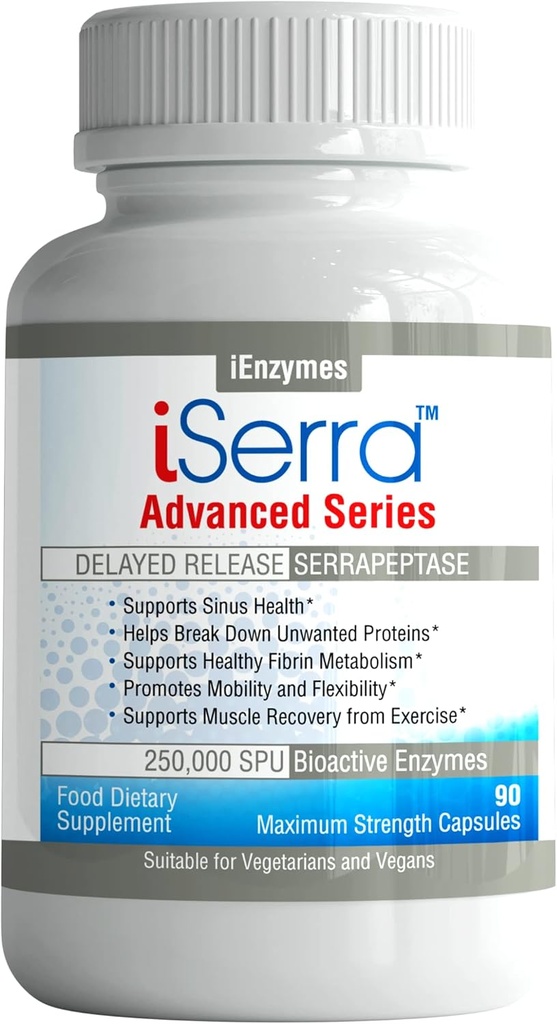 iSerra 250.000 SPU Serrapeptase Enzyme - 90 Κάψουλες μέγιστης αντοχής - Μέχρι 12x Περισσότερα Δυνατά από άλλα Serrapaptase - Αναστολή της τεχνολογίας απελευθέρωσης-Υψηλή ισχύς μη GMO, Χωρίς γλουτένη, Vegan (πακέτο του 1)