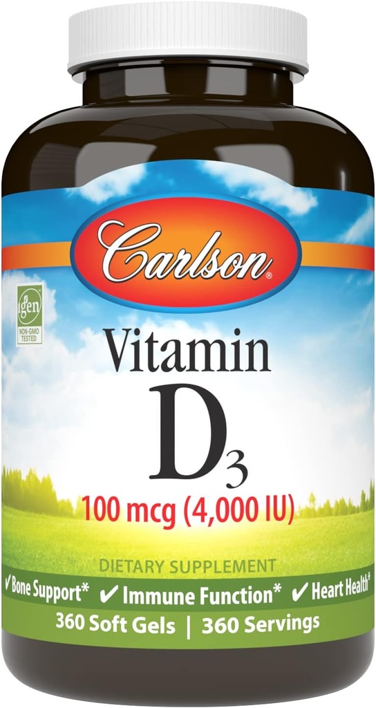 Carlson - Vitamin D3 4000 IU (100 mcg), Immune Support, Bone Health, Muscle Health, Cholecalciferol, D Supplements, D3 Soft Gels, 360 Softgels