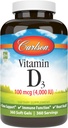 Carlson - Βιταμίνη D3 4000 IU (100 mcg), Ανοσολογική Υποστήριξη, Υγεία των οστών, Μυική Υγεία, Χοληκαλσιφερόλη, συμπληρώματα βιταμίνης D, Βιταμίνη D3 Soft Gels, 360 Softgels