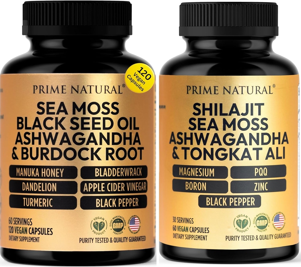 PRIME NATURAL Iris Sea Moss Black Seed Oil Shilajit Ashwagandha - 2 Şişe - Vegan Capsules