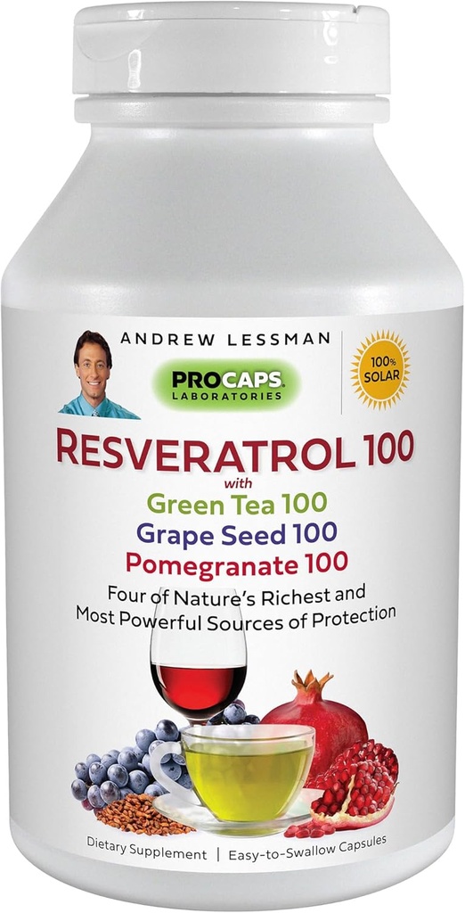 ANDREW LESSMAN Resveratrol-100 με Πράσινο Τσάι 100 Σπόροι σταφυλιού 100mg - 360 Κάψουλες - Τέσσερις Ισχυρές, Προστατευτικές Αντιοξειδωτικές.