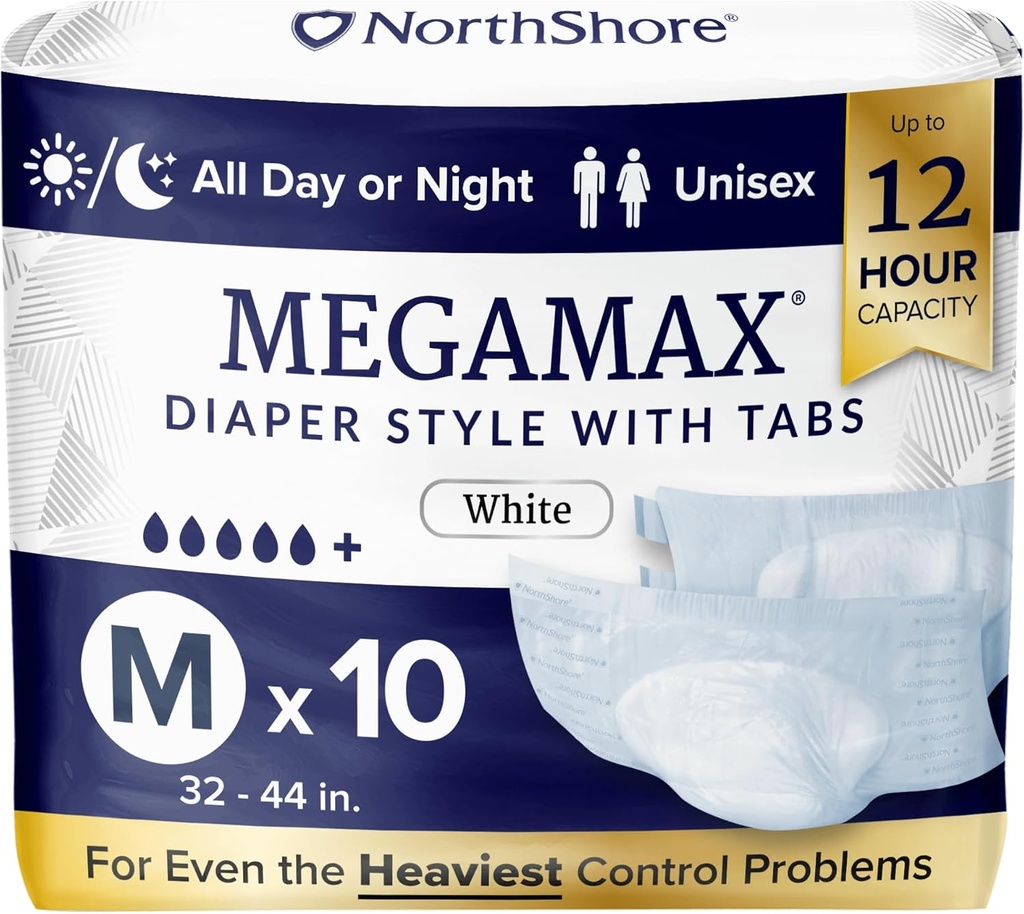 NorthShore MegaMax Gece Diapers, 12 Saat Tab-Style, Medium, 10 Kont Bag, Beyaz, 32-44 inç, Unisek Incontinence Underwear