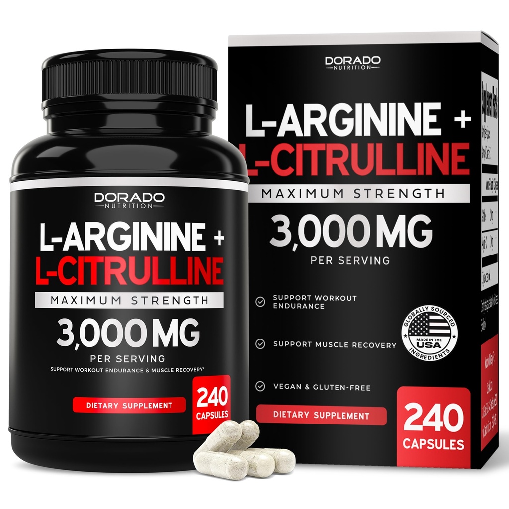 L Arginine L Citrulline Supplement 3000 mg (240 Capsules) Erkekler için Nitrik Çimento Pills - Stamina, Endurance, Workouts için Performans - Erkekler için NO Supplements - Gluten Free, Non-GMO, Vegan Capsules