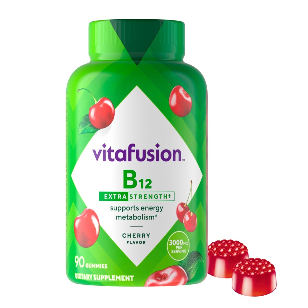 vitafüzyon Ekstra Güç Vitamini B12 Gummies, Enerji Metabolism ve Nervous System Health Support, Gummy Vitamin Supplement for Women and Men, Cherry Flavor, 45 Day Supply, 90 Count