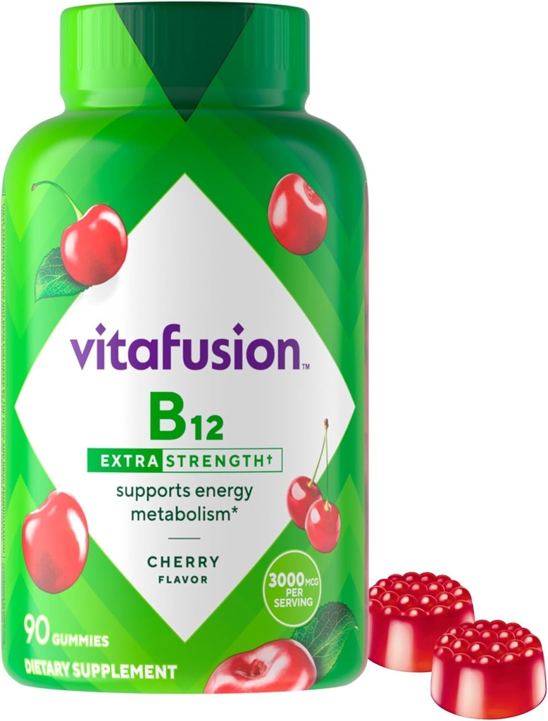 vitafüzyon Ekstra Güç Vitamini B12 Gummies, Enerji Metabolism ve Nervous System Health Support, Gummy Vitamin Supplement for Women and Men, Cherry Flavor, 45 Day Supply, 90 Count