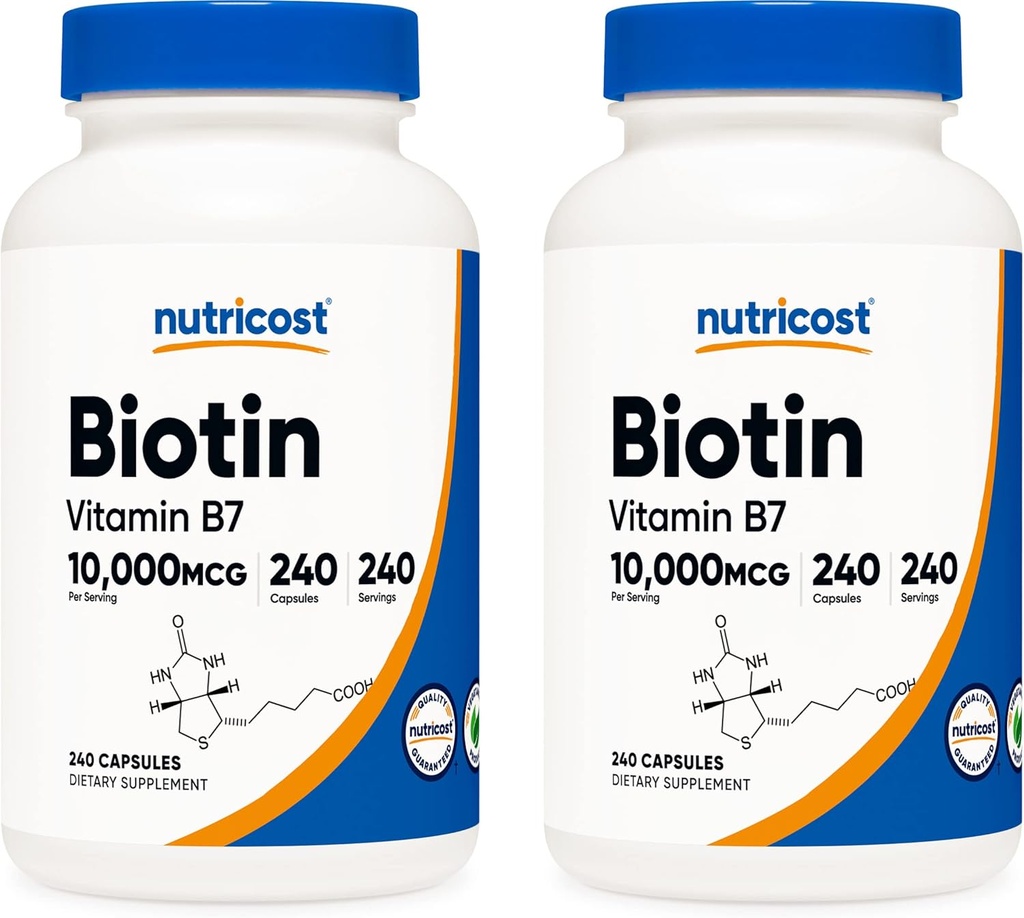 Nutricost Biotin (Vitamin B7) 10.00006 (10mg), 240 Caps (2 Şişe) - Non-GMO, Gluten Free