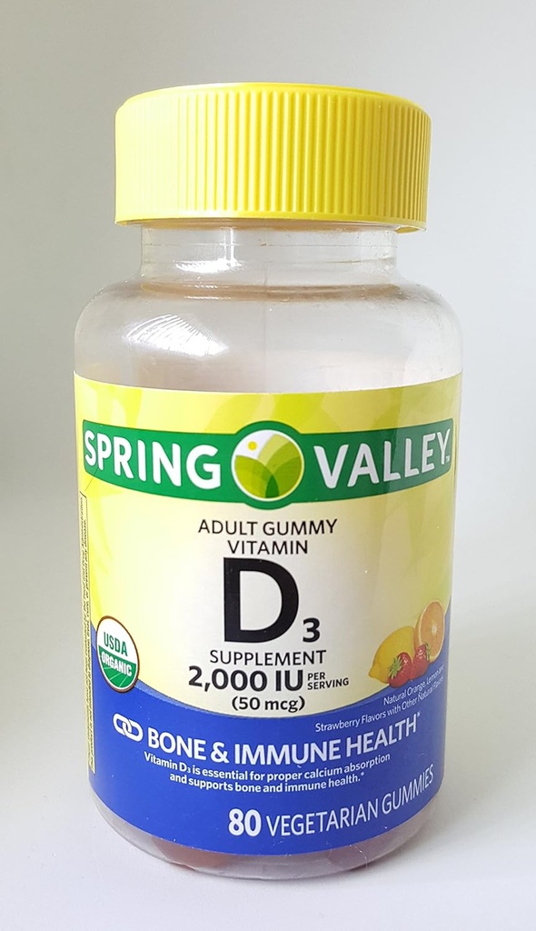 Spring Valley Yetişkin Gummy D3 Supplement, 2000IU, 5006 USDA Organik, 80 Vegetarian Gummies