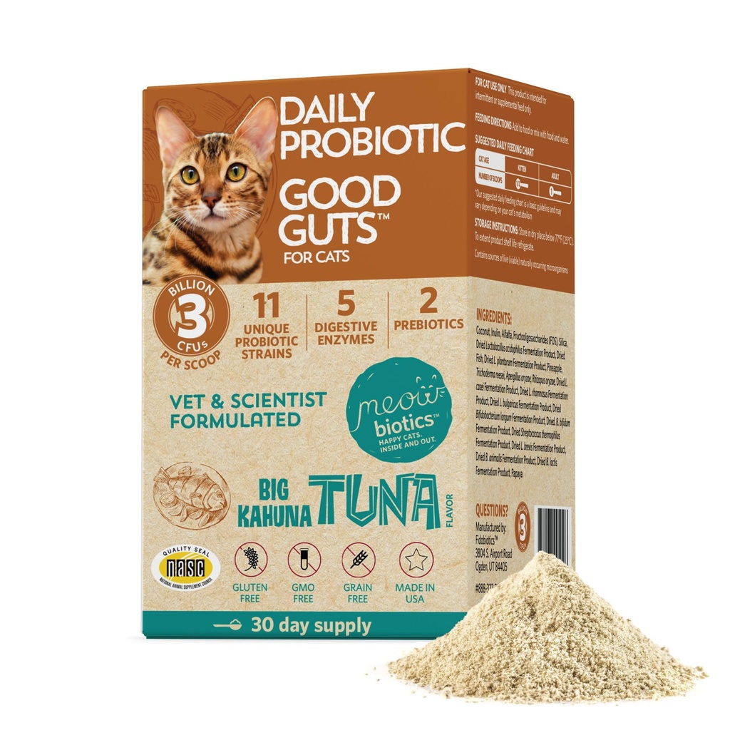 Meowbiyotiks Good Guts for Cats Probiyotik Toz, 11 Probiyotik Strains, 2 Prebiyotik, 5 Digestive Enzymes for Digestive Support, Tuna Flavor, Probiyotiks for Cats, Kapalı & Açık (30 Gün)