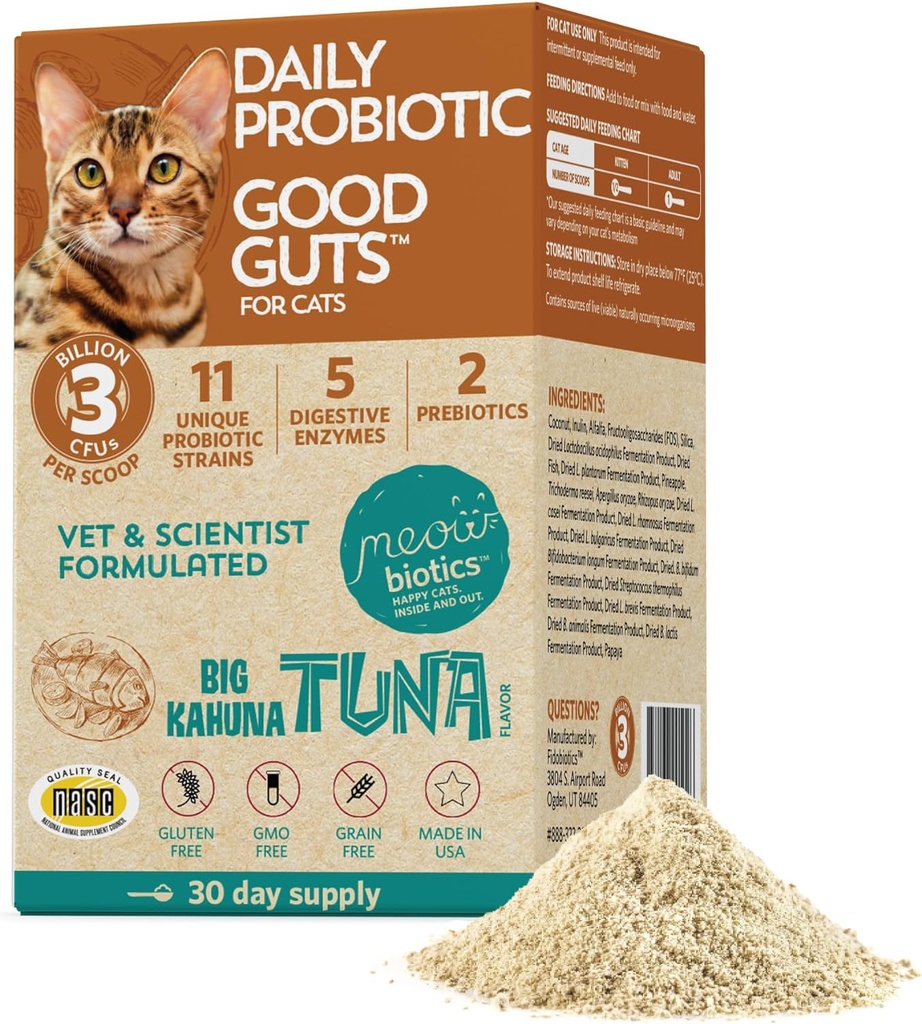 Meowbiyotiks Good Guts for Cats Probiyotik Toz, 11 Probiyotik Strains, 2 Prebiyotik, 5 Digestive Enzymes for Digestive Support, Tuna Flavor, Probiyotiks for Cats, Kapalı & Açık (30 Gün)
