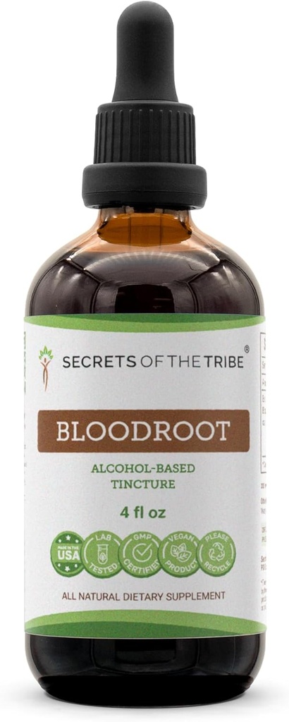 Secrets of the Tribe Bloodroot Tincture Alcohol Extract, Responsibly farmed Bloodroot (Sanguinaria Canadensis) Dried Root (4 FL OZ)