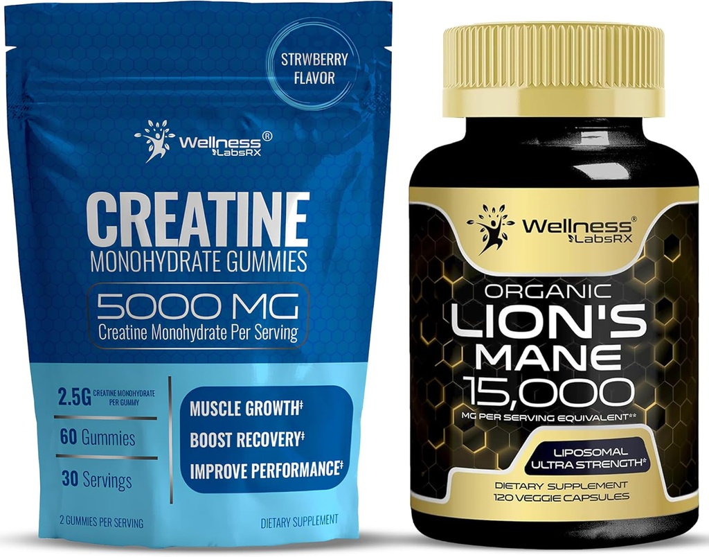 WELLNESS LABSRX Lions Mane Supplement Capsules - Kretine Gummies 5000 mg