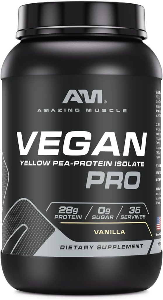 Amazing Muscle Vegan protein Toz | 28 Grams Protein | 34 Hizmet | Zero Sugar | Sarı Pea Protein Isolate Supplement | ABD'de Yapıldı (3 Lb, Vanilla)