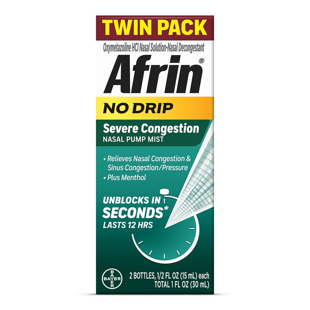Afrin No Drip Severe Congestion Nasal Mist Twin Pack, Non-Drowsy, Fast-Acting Deconant for Nasal Congestion and Sinus Printing Relief, Yetişkinler and Children 6 and Older, .5 fl oz (Pack of 2)