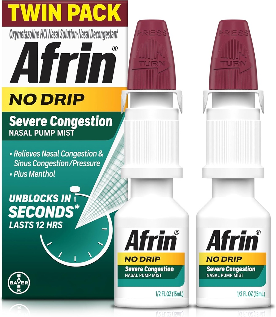 Afrin No Drip Severe Congestion Nasal Mist Twin Pack, Non-Drowsy, Fast-Acting Deconant for Nasal Congestion and Sinus Printing Relief, Yetişkinler and Children 6 and Older, .5 fl oz (Pack of 2)