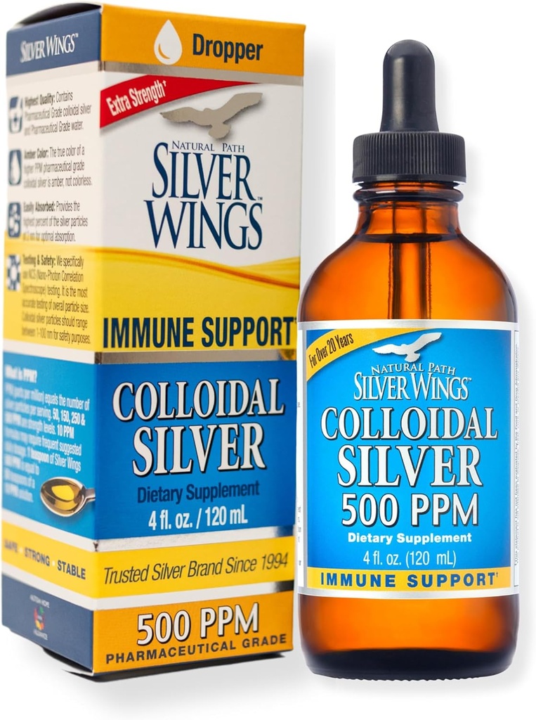 Natural Path Silver Wings - Colloyal Silver 500 ppm - Pure Mineral Supplement - Ανοσοποιητική Υποστήριξη για την οικογένειά σας - Ισχυρή Θεραπεία Χωρίς Κακή Γεύση (4fl oz/120ml)